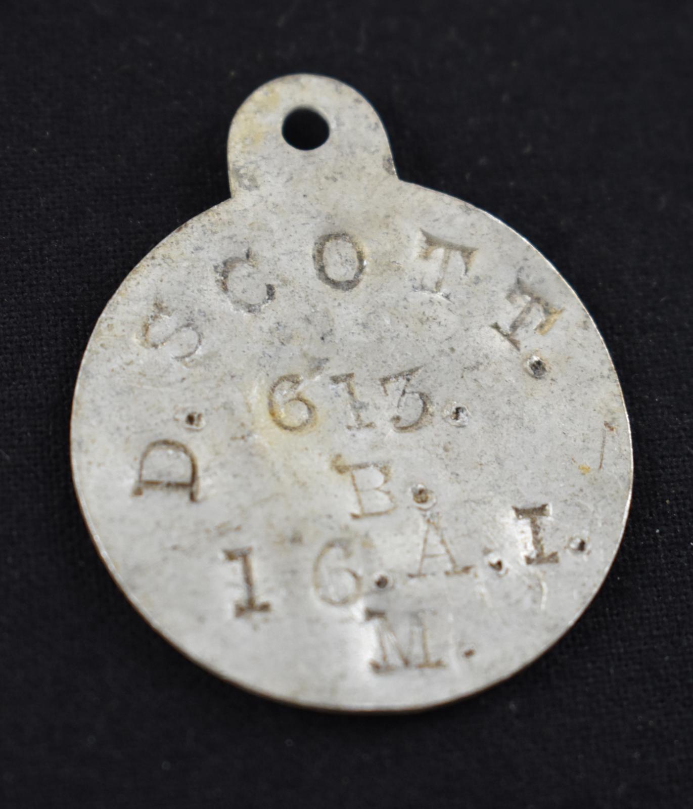 First World War Round Metal Identity Disc of Private David SCOTT, 613 