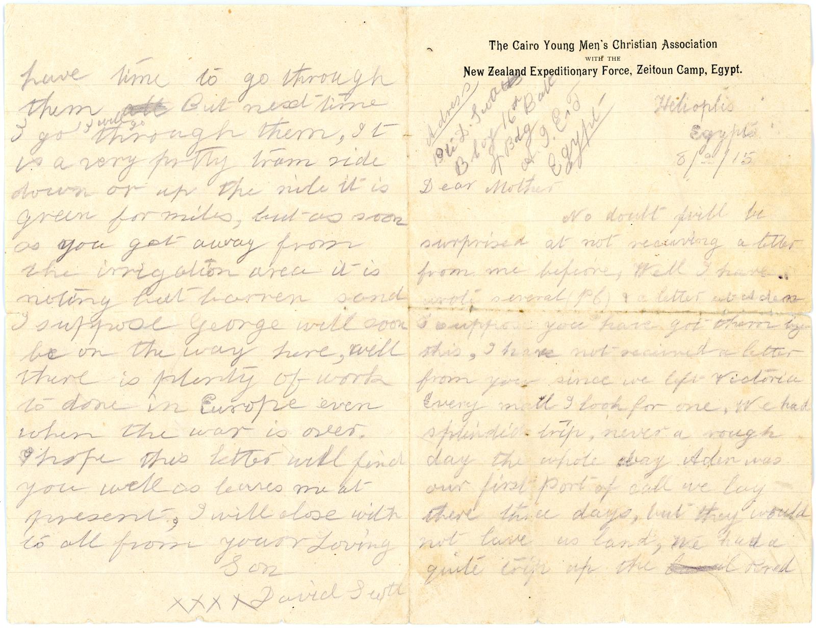 Letter from Pte David SCOTT, 613, to his Mother, (dated 08/02/1915)