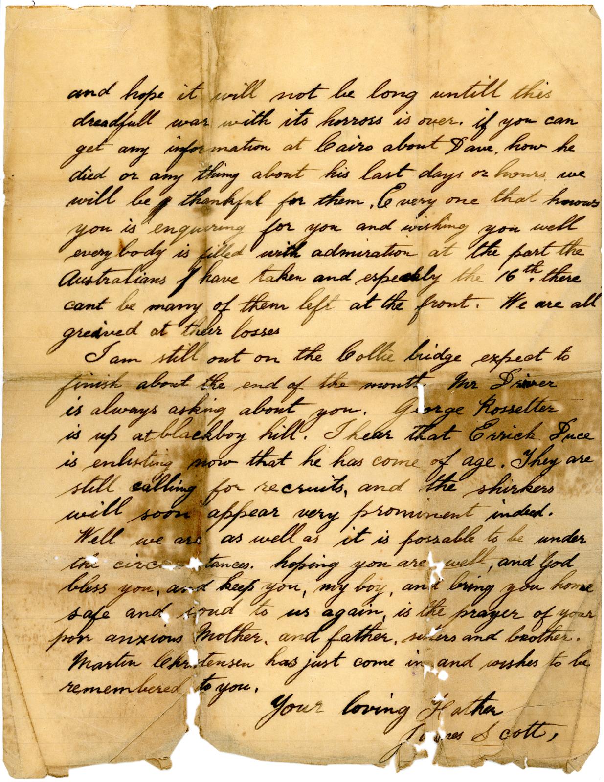 Letter From James SCOTT to his son, Pte. Albert SCOTT, 892, notifying of his brother's death. 