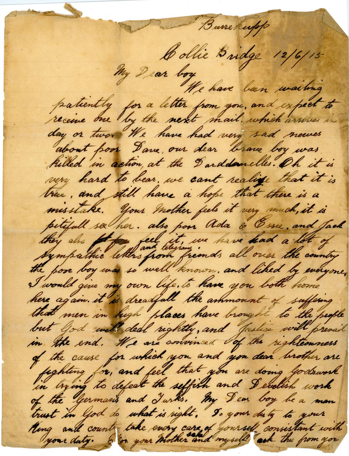 Letter From James SCOTT to his son, Pte. Albert SCOTT, 892, notifying of his brothers death 