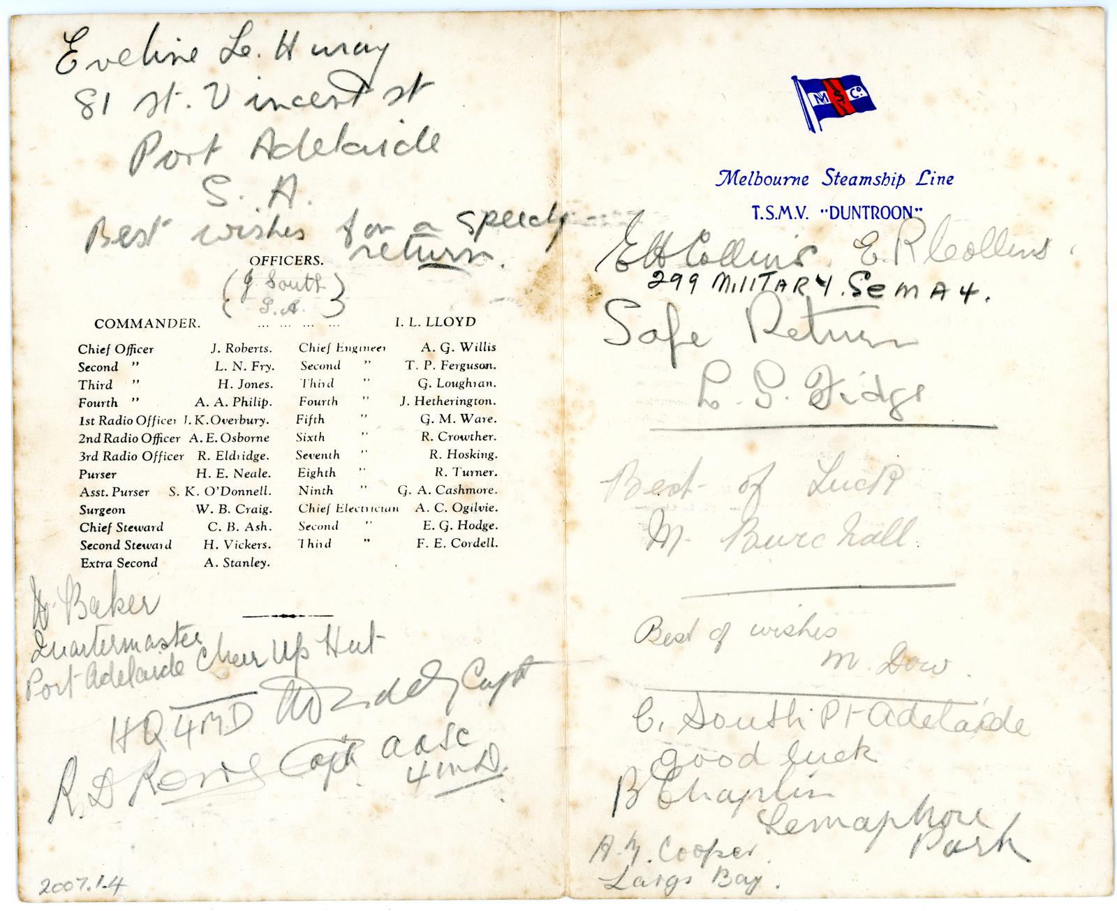 Dinner Menu Card from Steamship ‘DUNTROON’, dated 25th July 1941