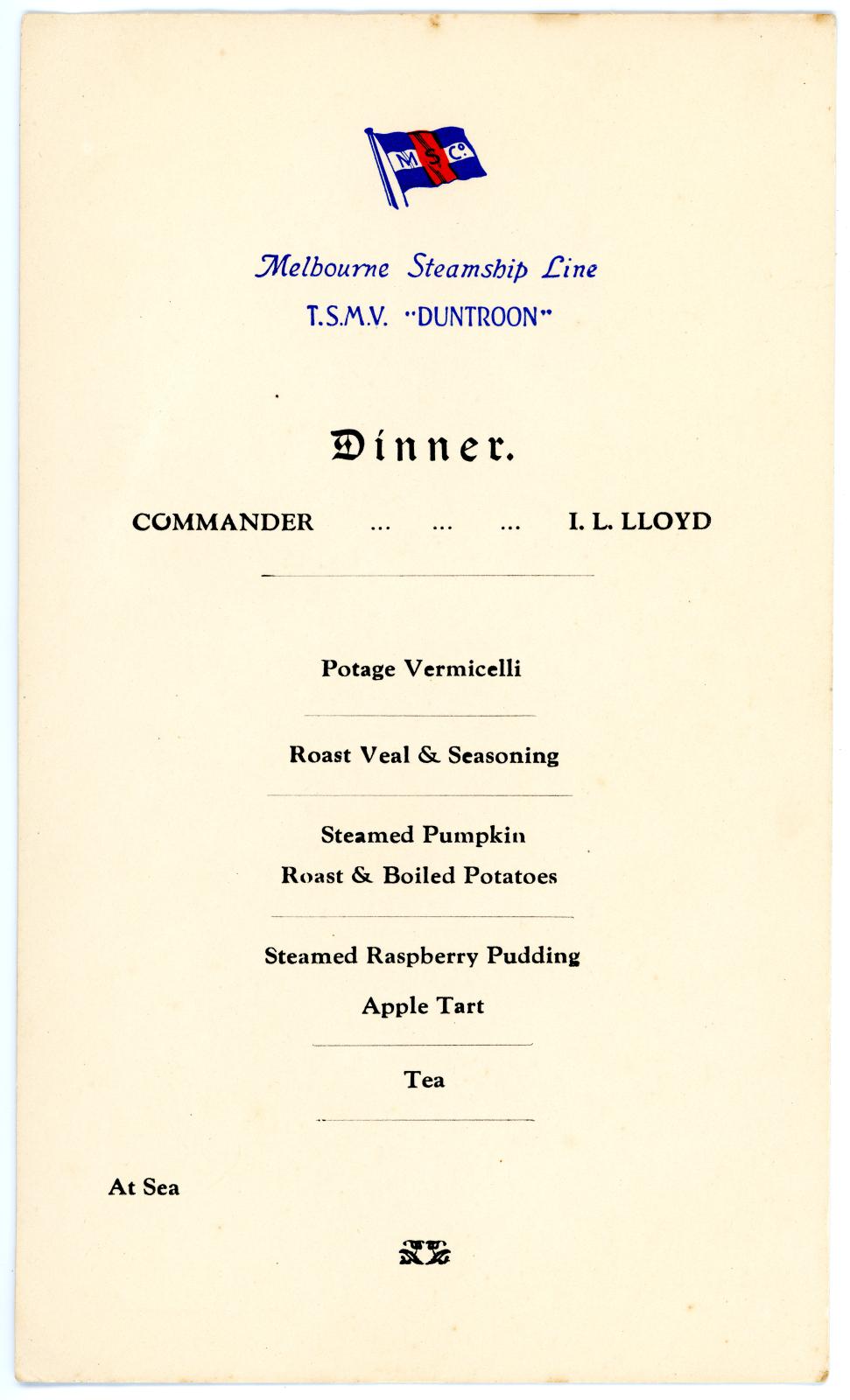 Dinner Menu Card from “Melbourne Steamship Line, T.S.M.V. ‘DUNTROON’