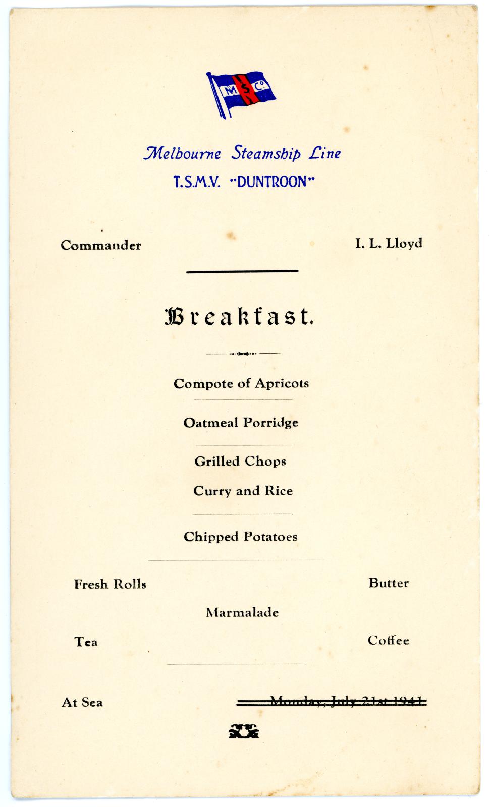 Breakfast menu card from the “Melbourne Steamship Line, T.S.M.V. ‘DUNTROON’