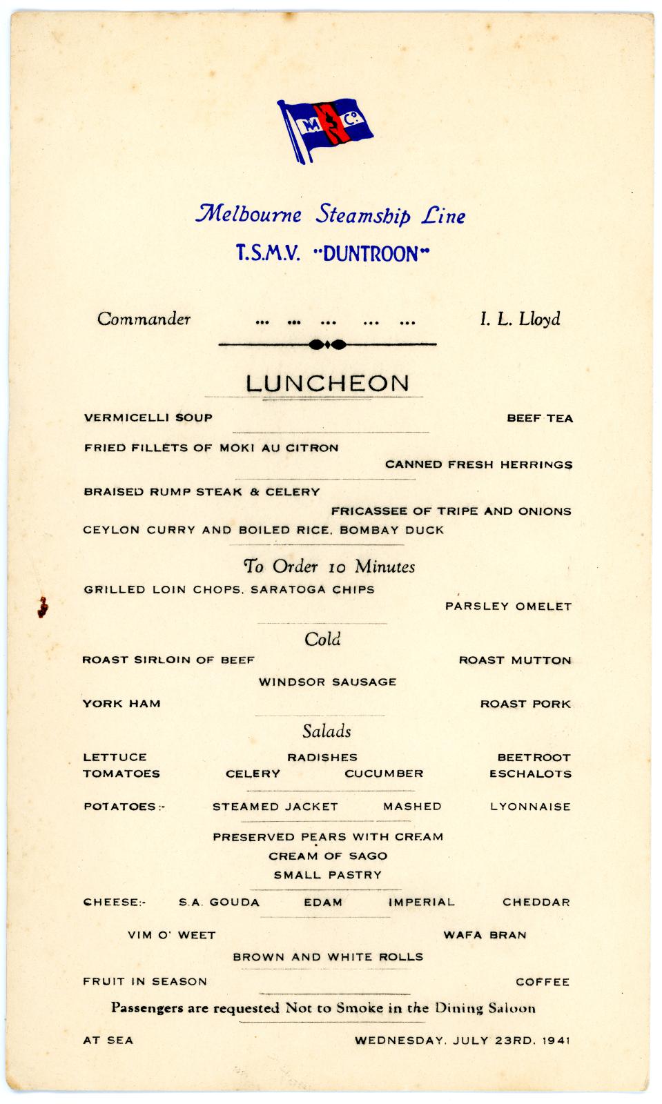 Luncheon menu card from the “Melbourne Steamship Line , T.S.M.V. ‘DUNTROON’