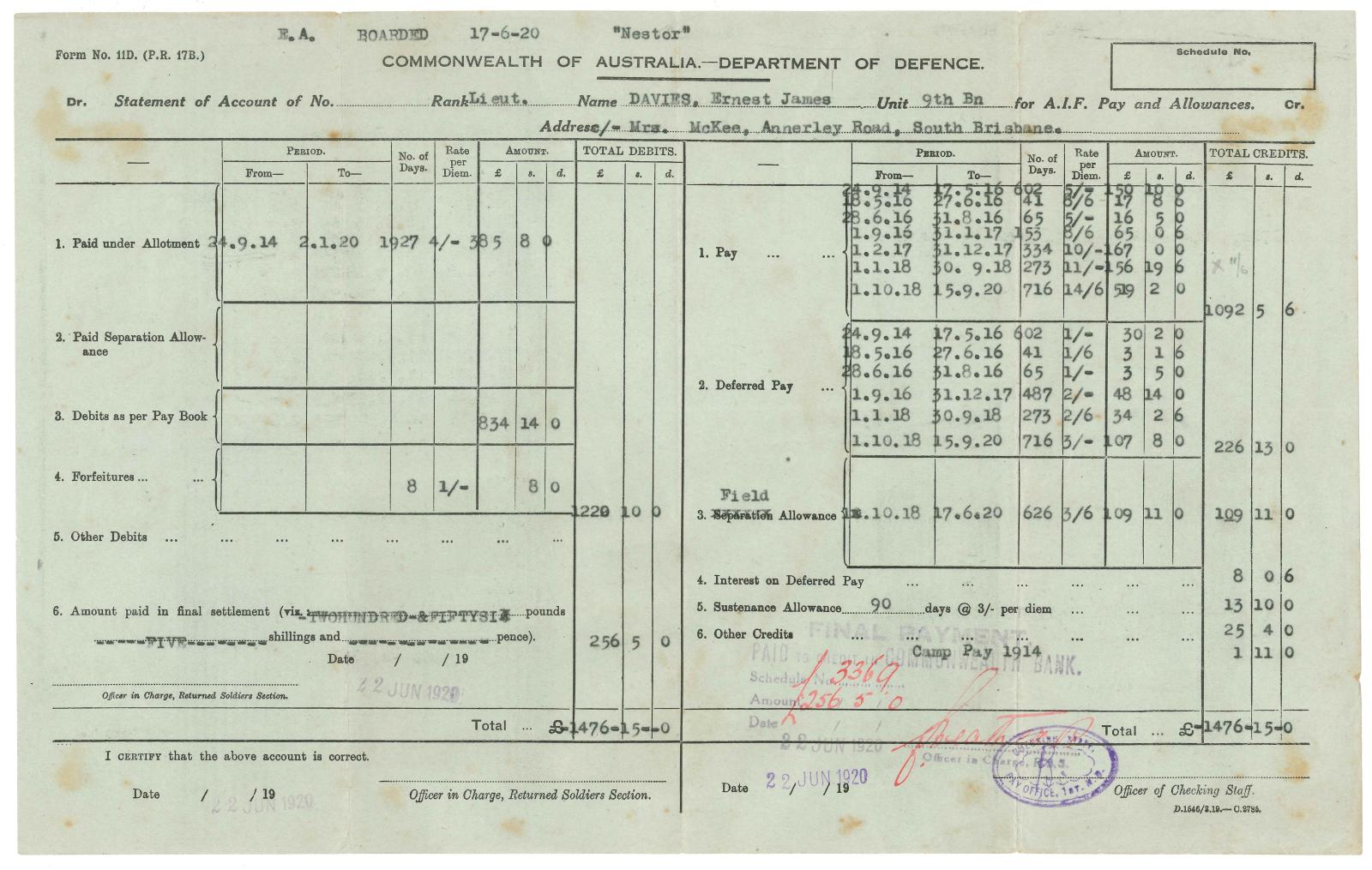 Commonwealth of Australia – Department of Defence Statement of Account sheet