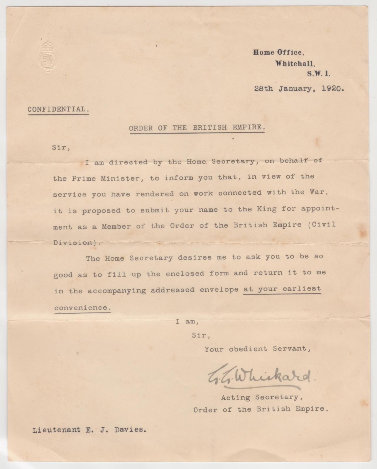Letter to Lieut. E.J. DAVIES regarding being nominated for an O.B.E.