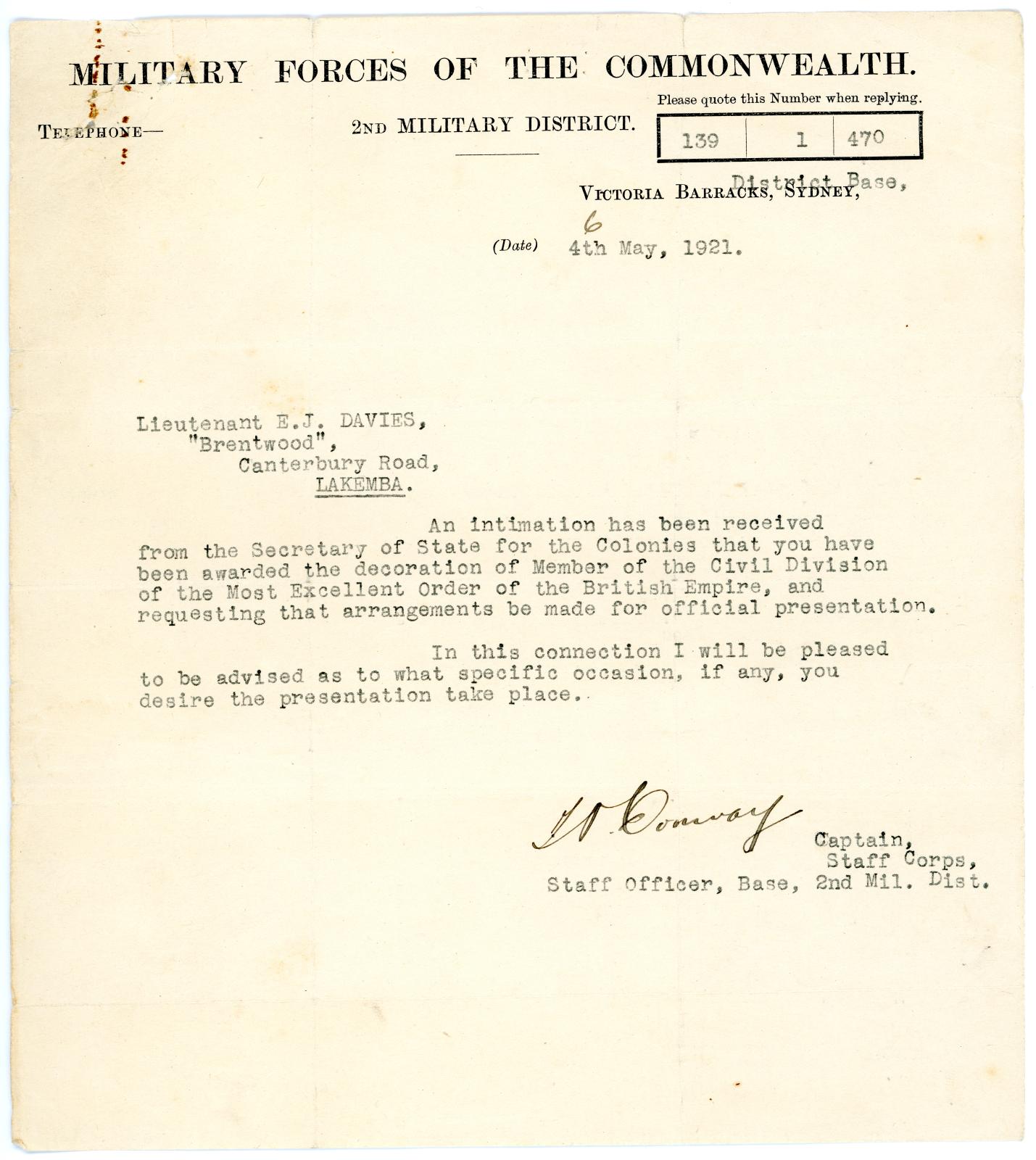 Letter to Lieut. E.J. DAVIES from the "Military Forces of the Commonwealth" regarding his O.B.E. award.