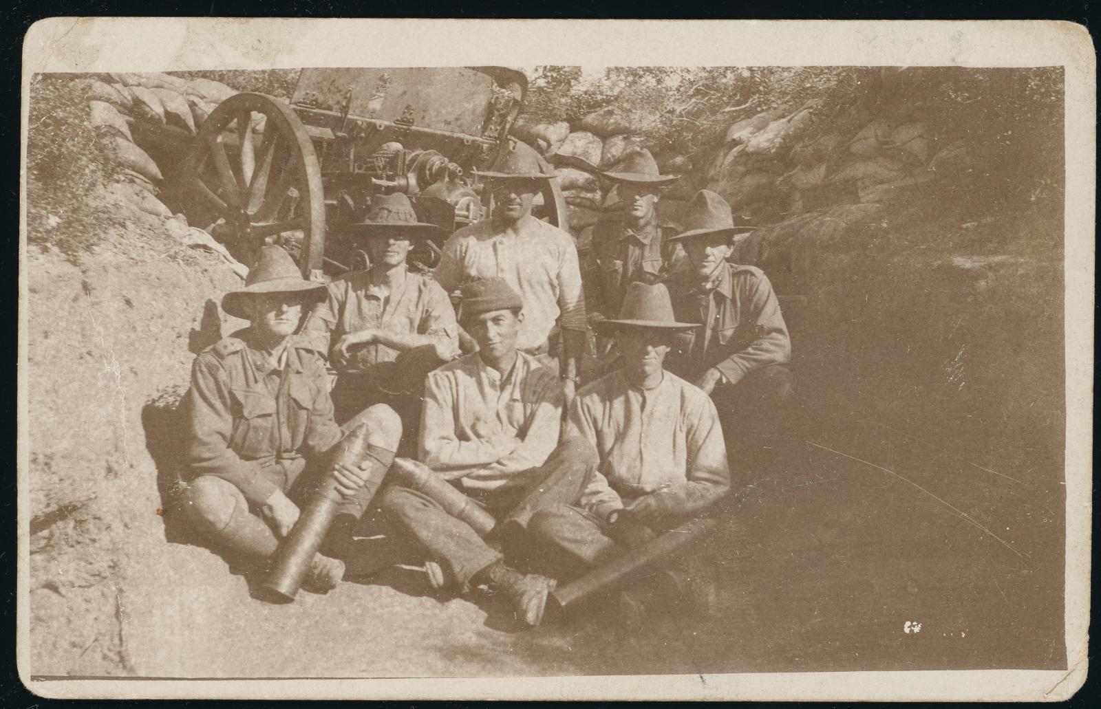 Black & White Photographic Postcard of Aubrey John (Jack) Akrill BECKLEY 1673 and 6 Other Soldiers 