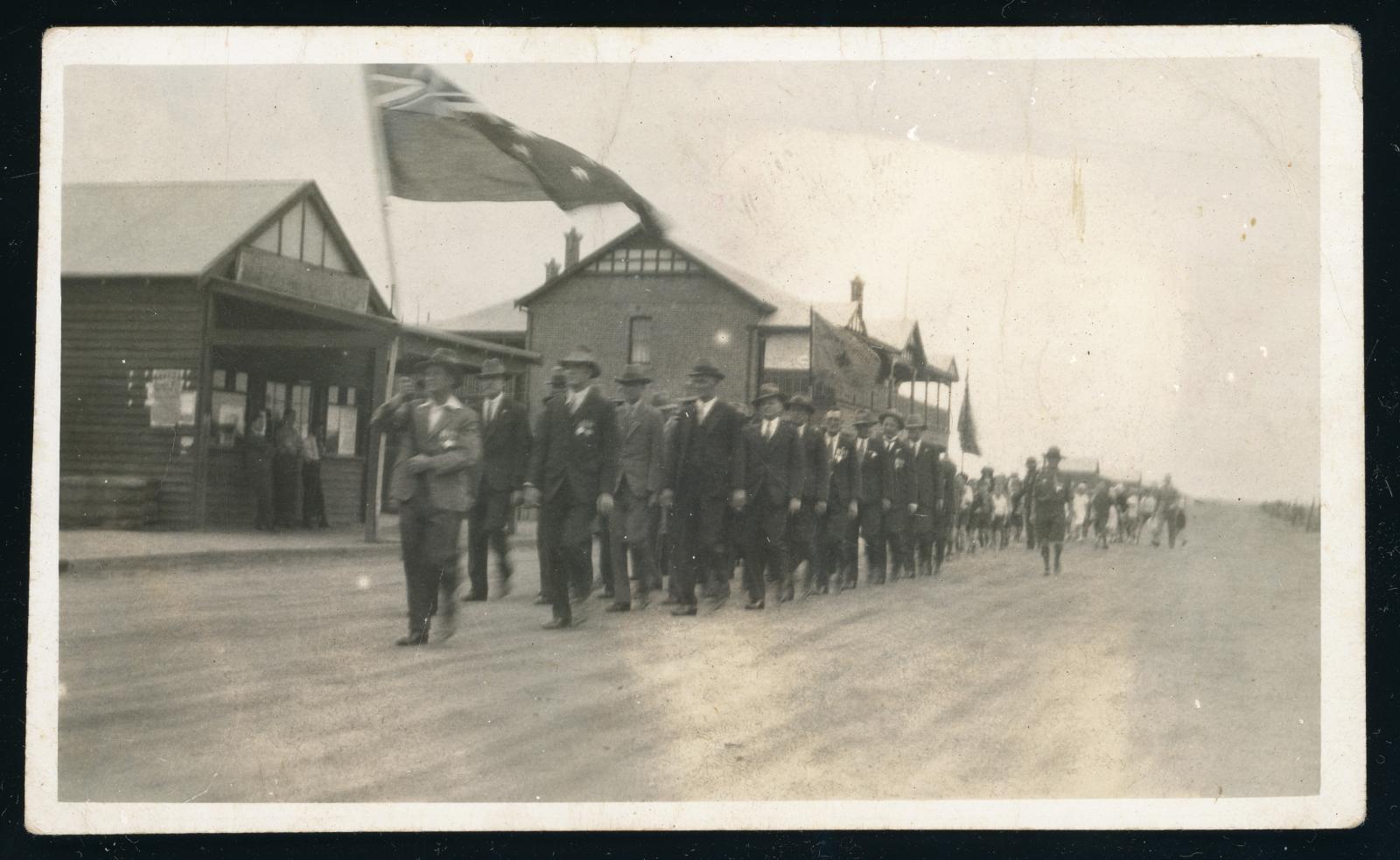 Aubrey John Akrill BECKLEY marching in the Mukinbudin "ANZAC Day" parade.