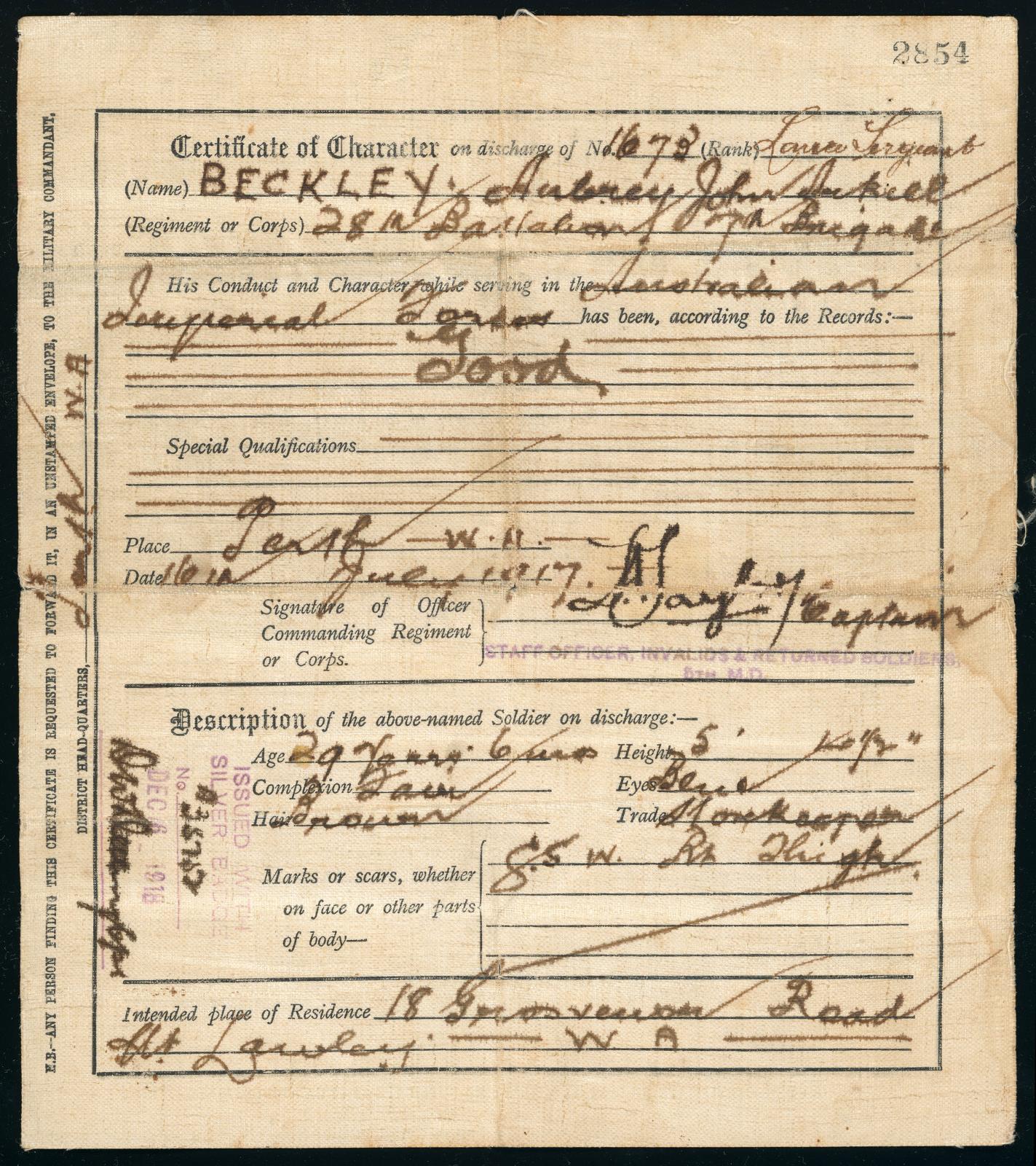 Rear View of Certificate of Discharge