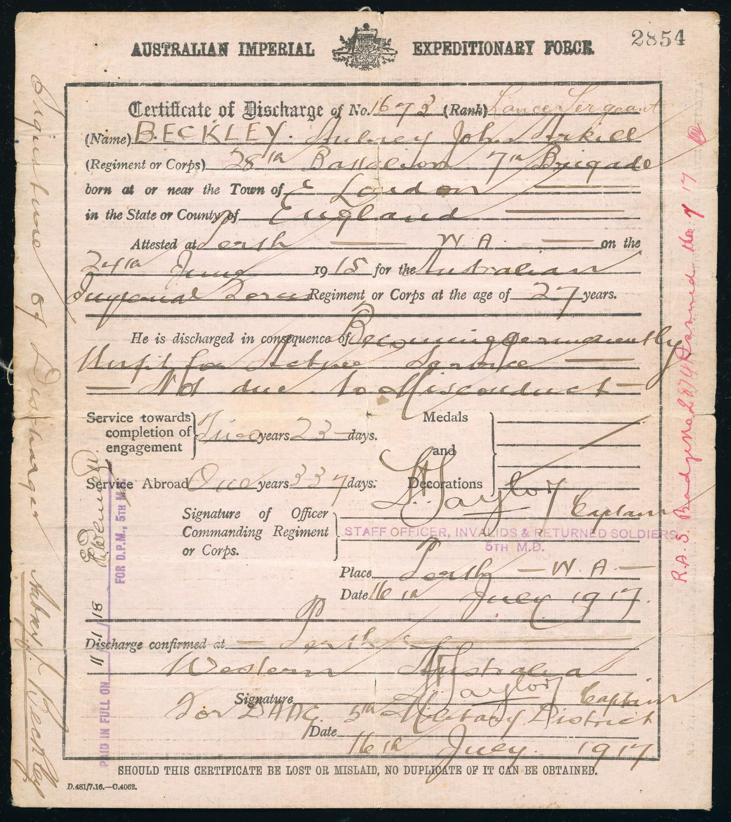 Certificate of Discharge for Lance Sergeant Aubrey John Akrill BECKLEY