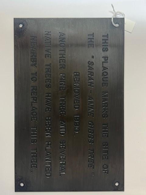 Brass plaque with Sarah Ann Gibbs tree removal information