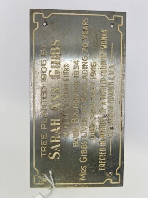 Brass Plaque with Sarah Ann Gibbs tree planting information