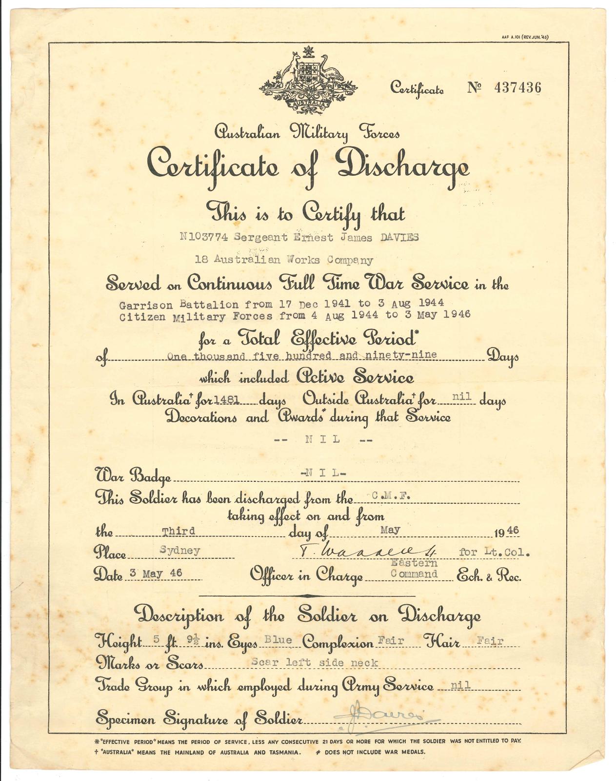 “Australian Military Services – Certificate of Discharge” for N103774 E.J. DAVIES