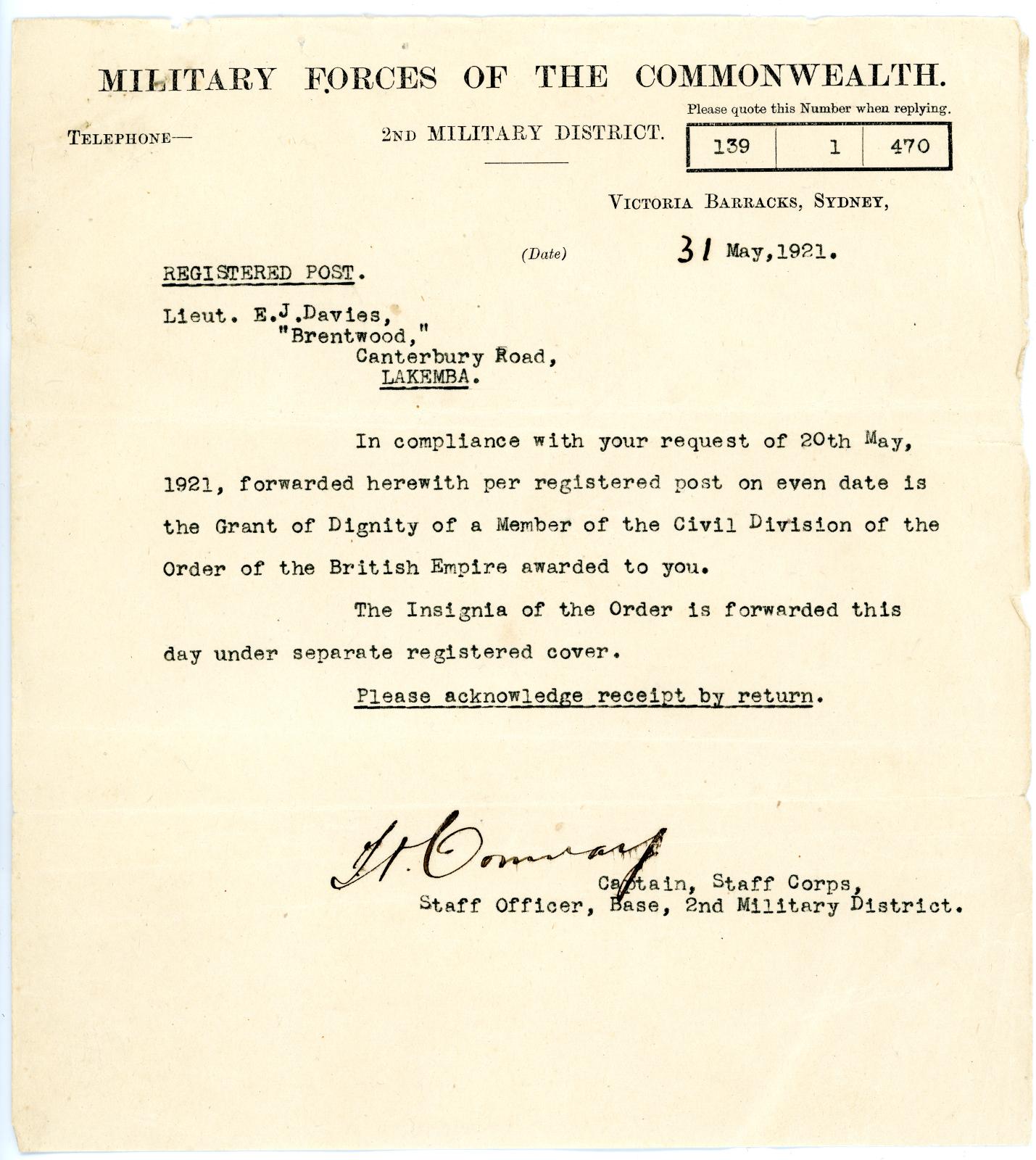 Letter to Lieut. E.J. DAVIES from “Military Forces of the Commonwealth” re forwarding O.B.E. medal.