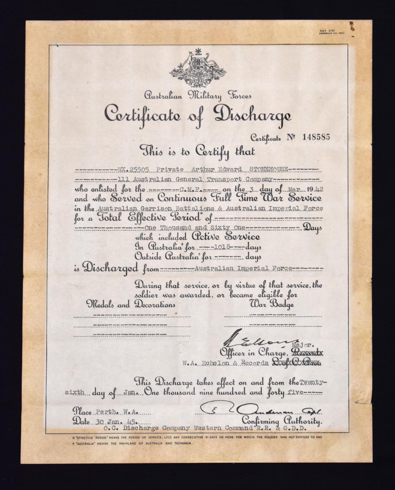 Second World War Certificate of Discharge as issued to Private Arthur Edward STONEHOUSE 