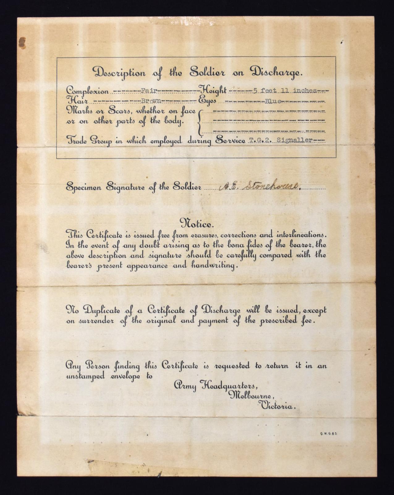 Second World War Certificate of Discharge as issued to Private Arthur Edward STONEHOUSE - back