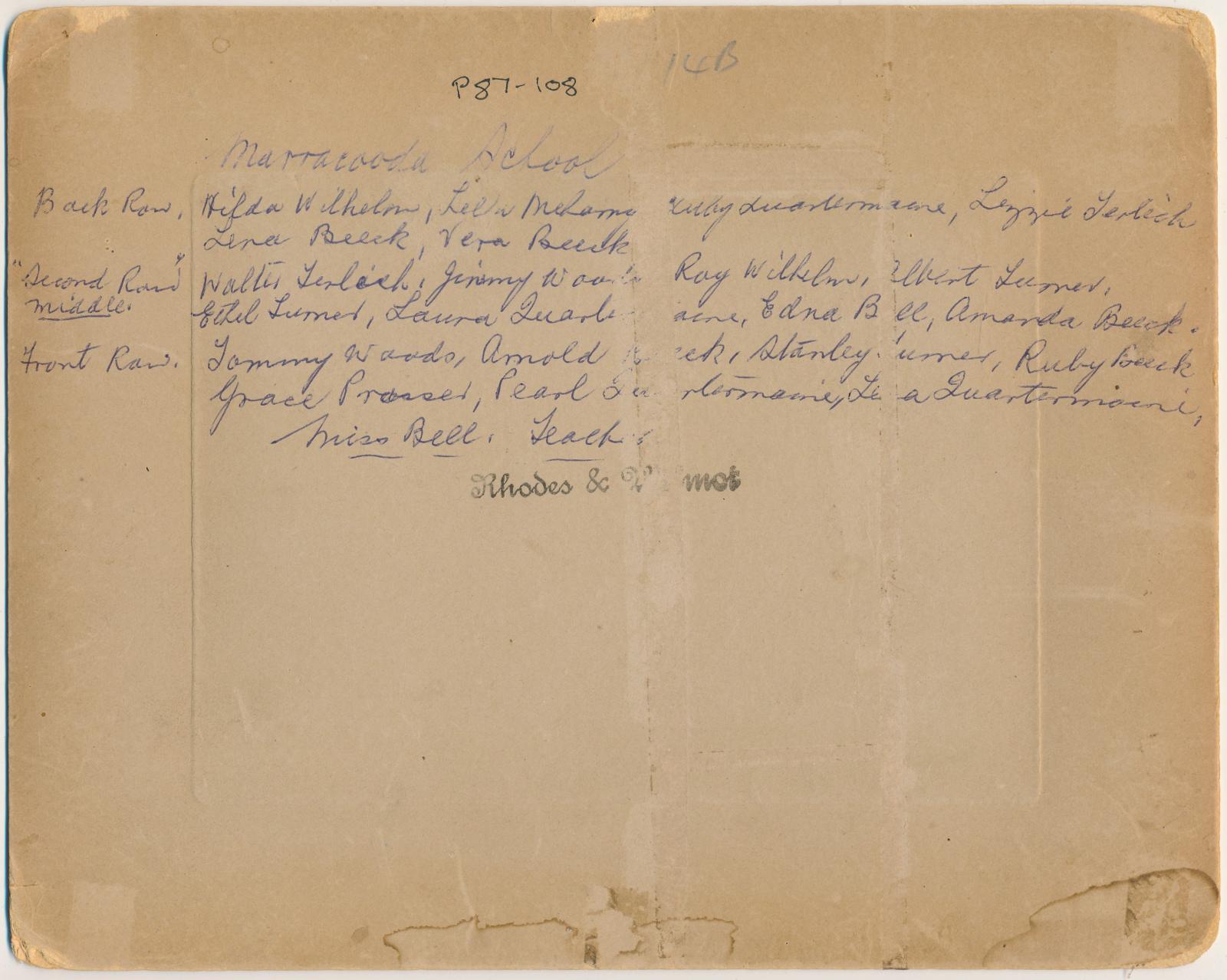 Back of photograph of Marraconda School
