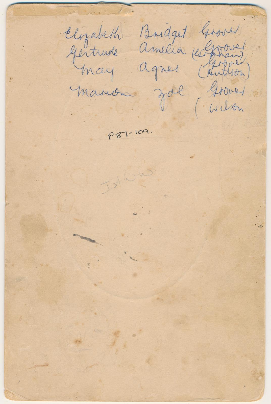 Back of photograph of Grover Sisters