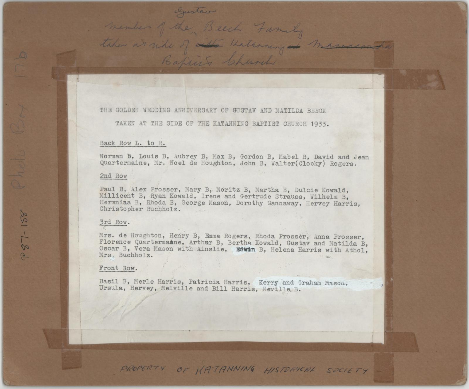 Back of photograph of Gustav and Matilda Beeck's Golden Wedding Anniversary