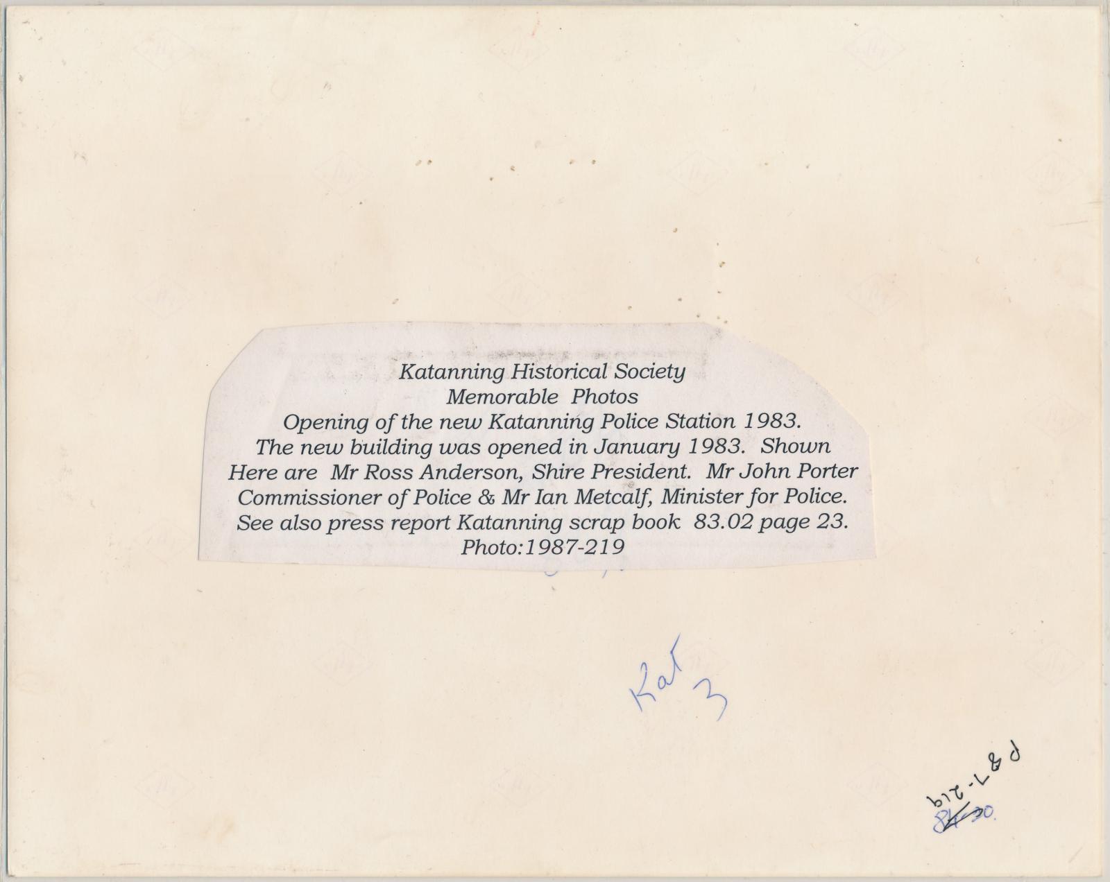 Back of photograph of Katanning Police Station