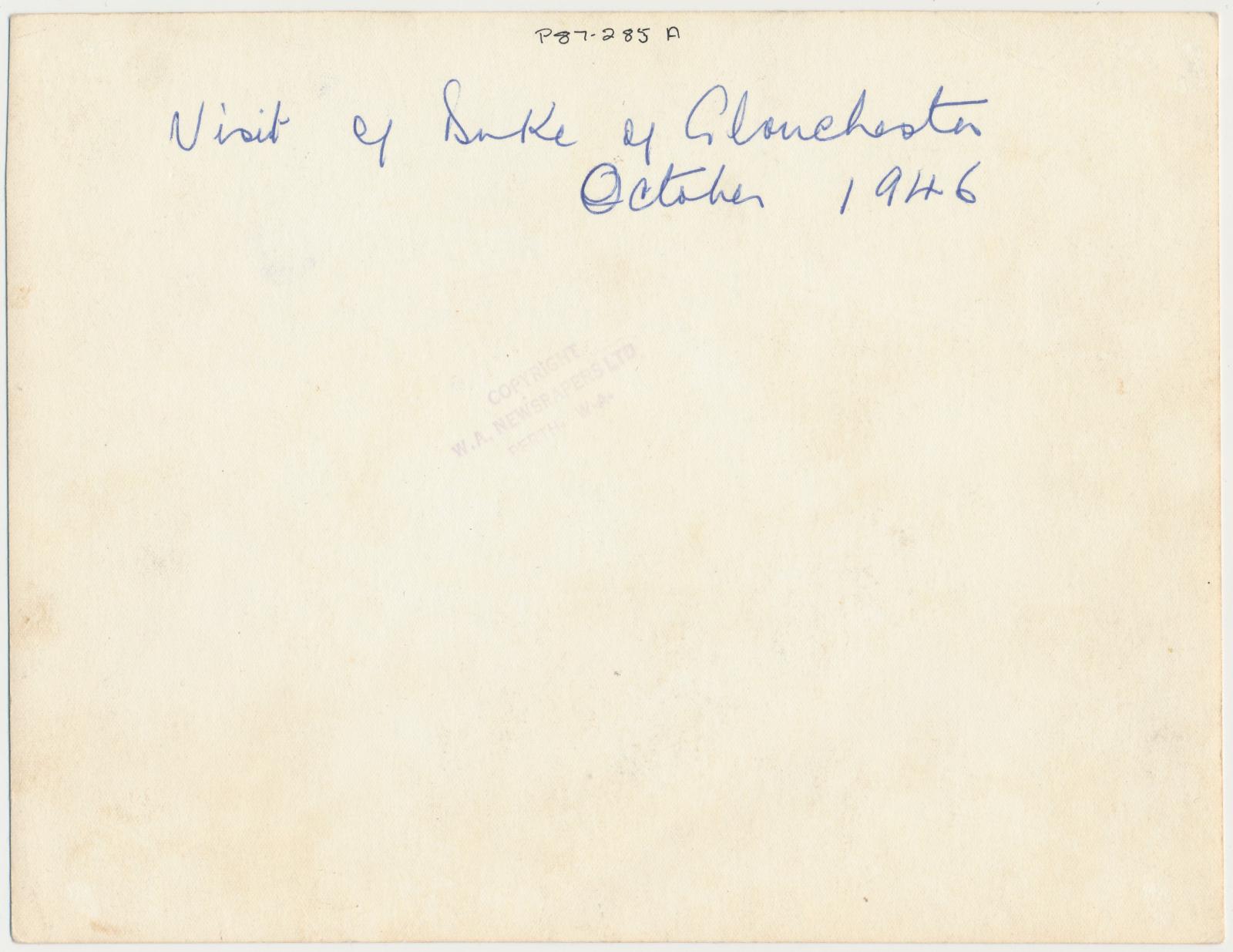 Back of photograph of Visit of Duke and Duchess of Gloucester