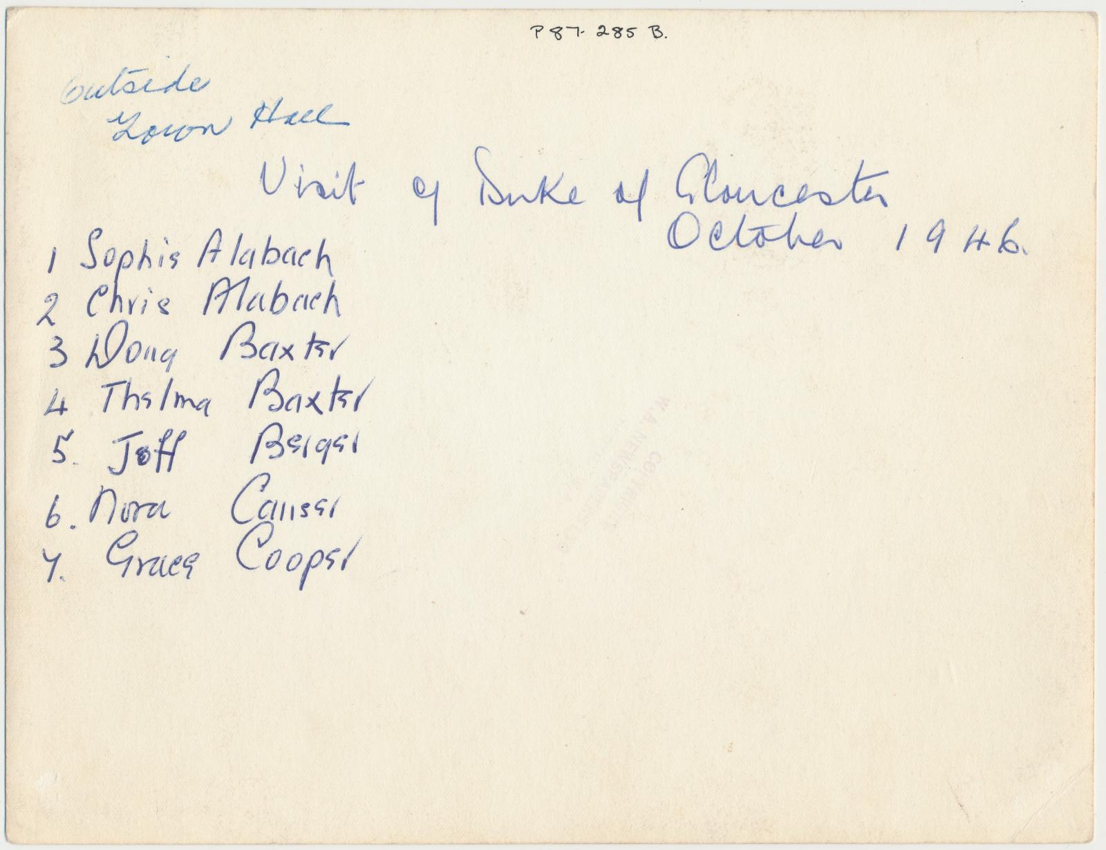 Back of photograph of Visit of Duke and Duchess of Gloucester
