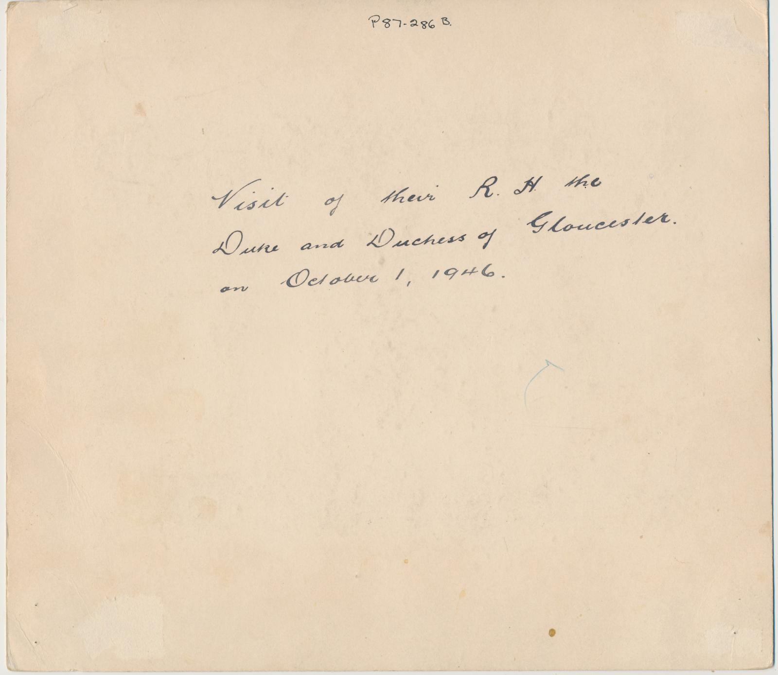 Back of photograph of Visit by Duke & Duchess of Gloucester