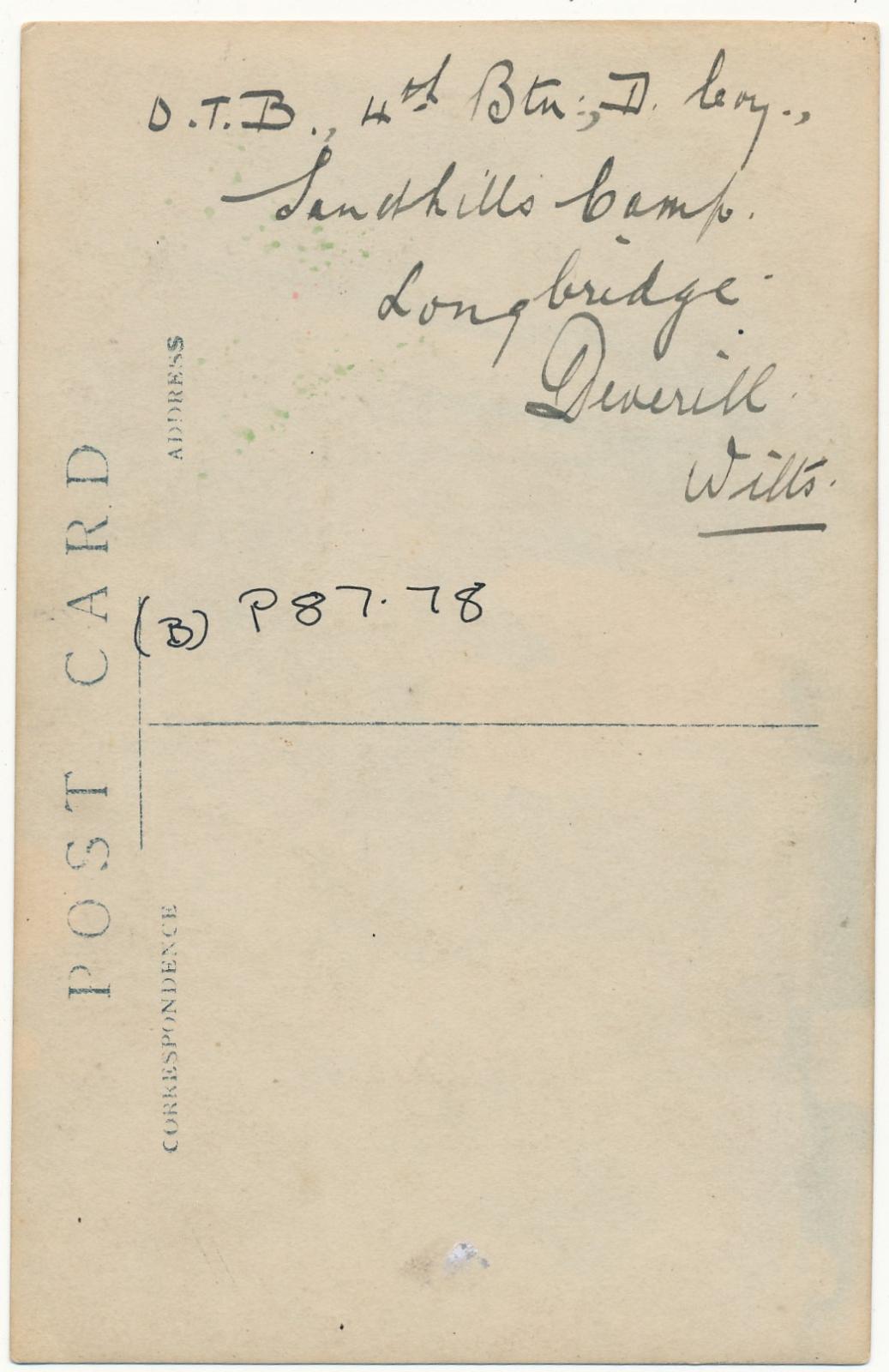 Back of postcard of Horace Tyler in World War One uniform