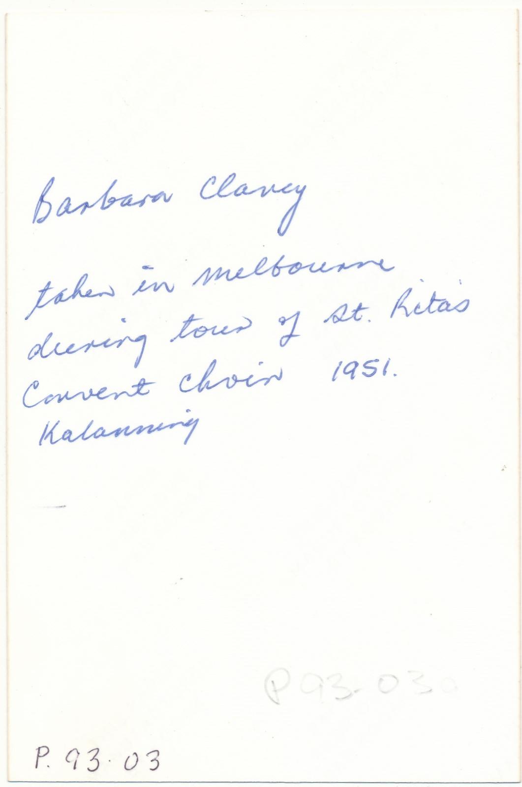 Back of photograph of Barbara Clancy
