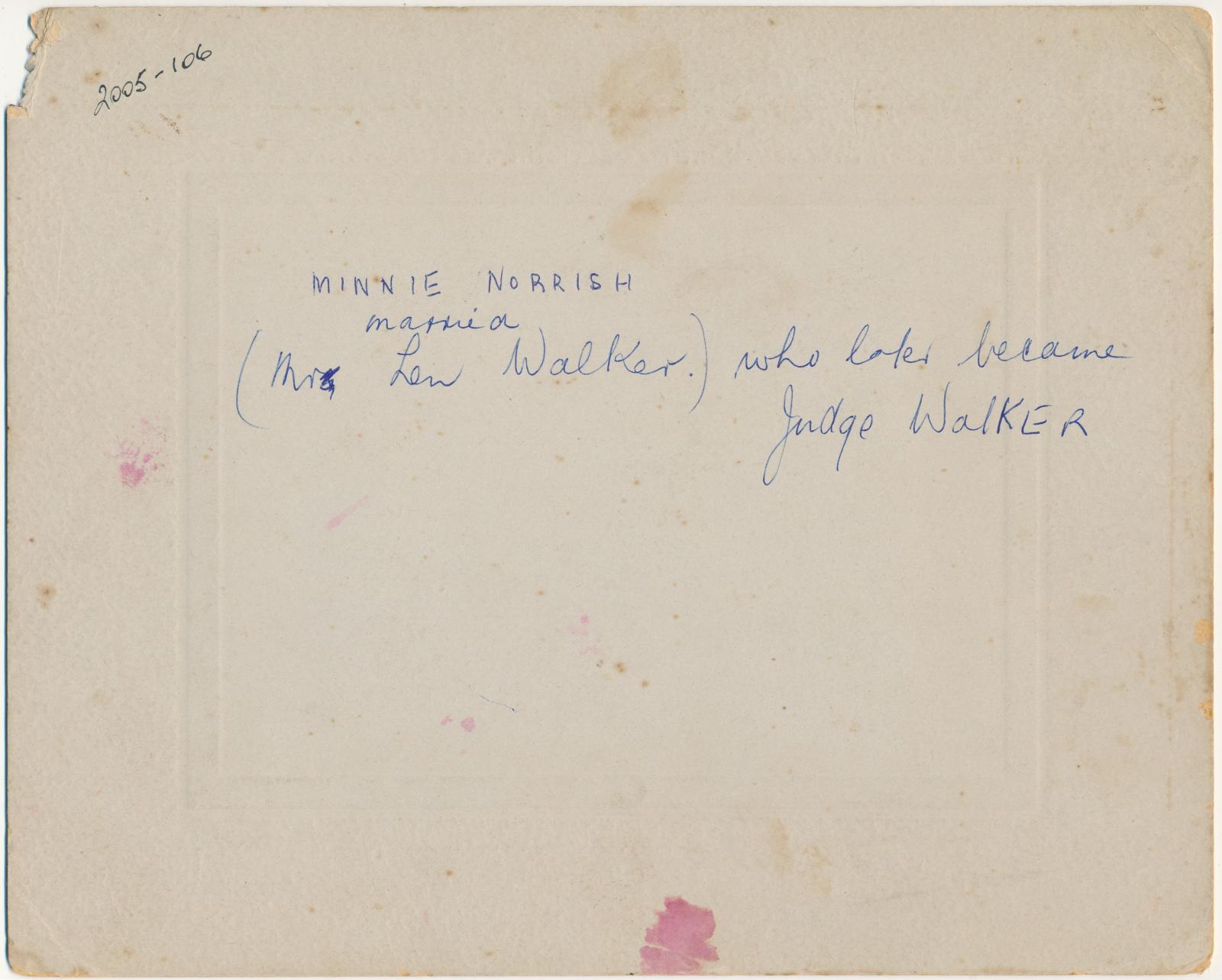 Back of photograph of Minnie Norrish