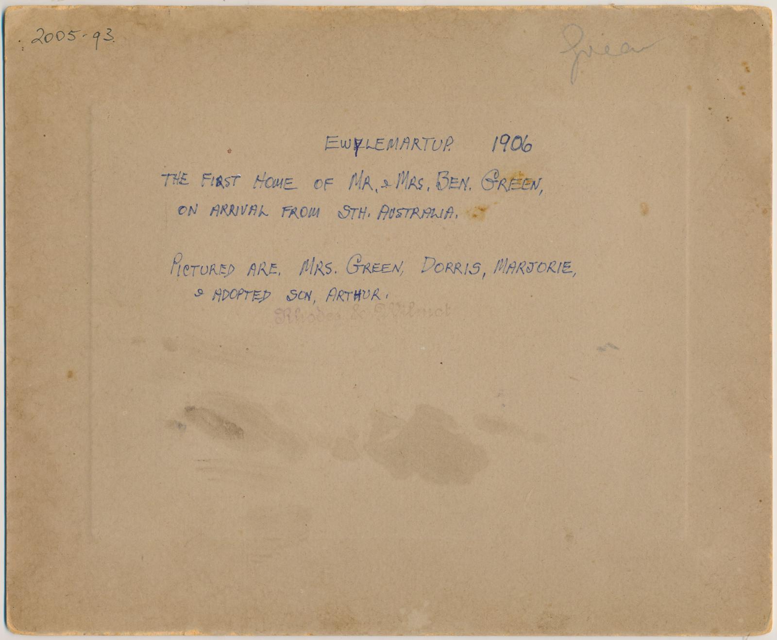 Back of photograph of Home of Mr Ben Green