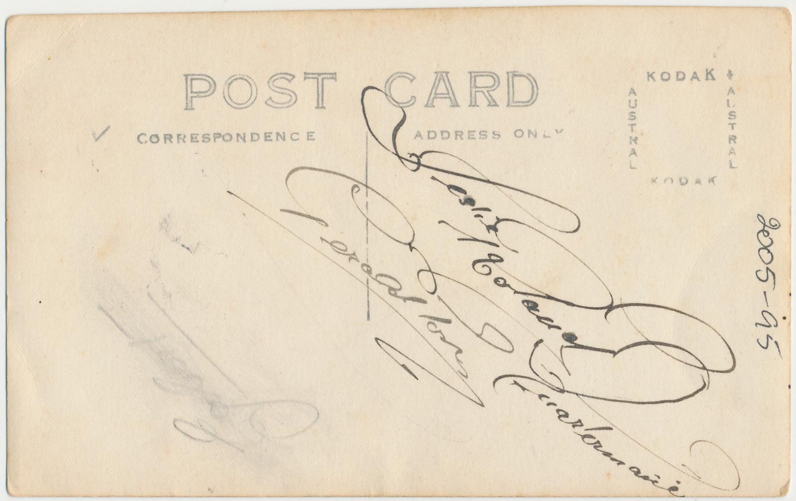 Back of postcard of Leslie Roland Quartermaine