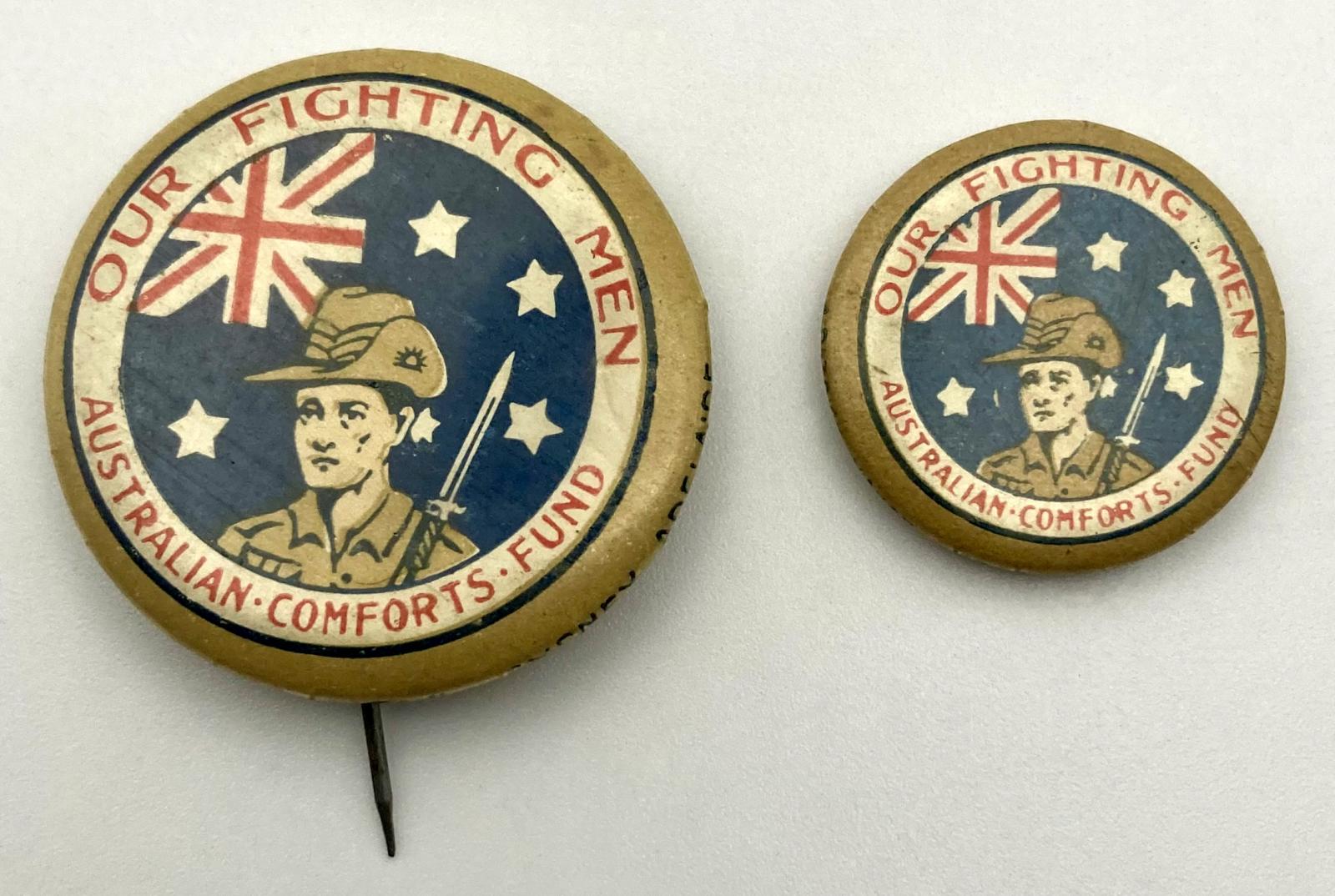 'Fighting Men's Day' fundraising button 1918 - both sizes