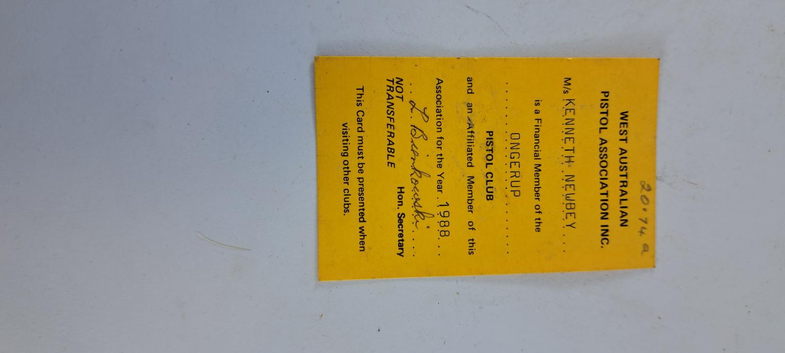 front of Pistol club Ongerup membership card 