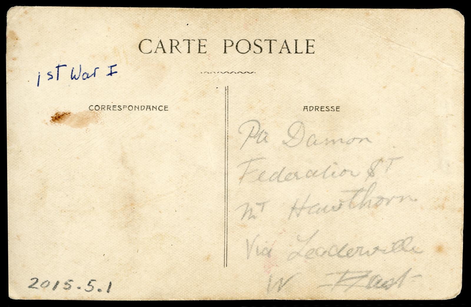 First World War black and white photographic postcard of two unidentified soldiers - back
