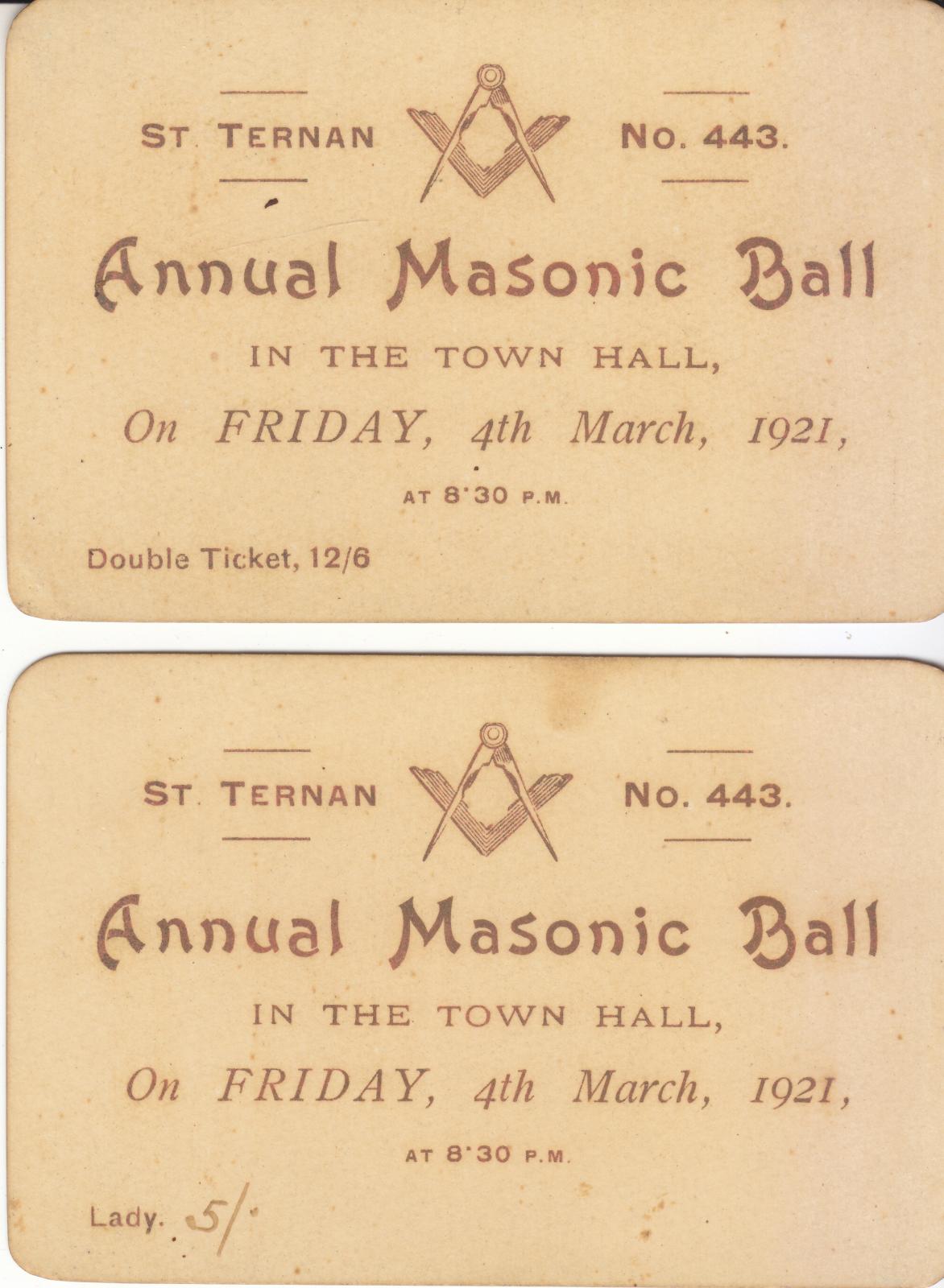 Two tickets to the Annual Masonic Ball St. Ternan Lodge 443