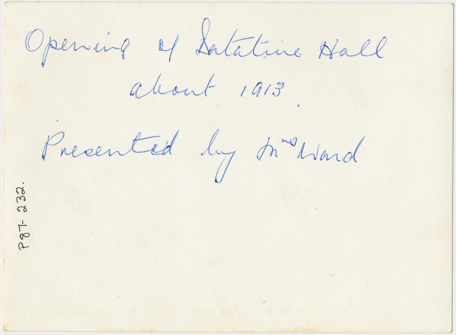Back of photograph of Opening of Datatine Hall