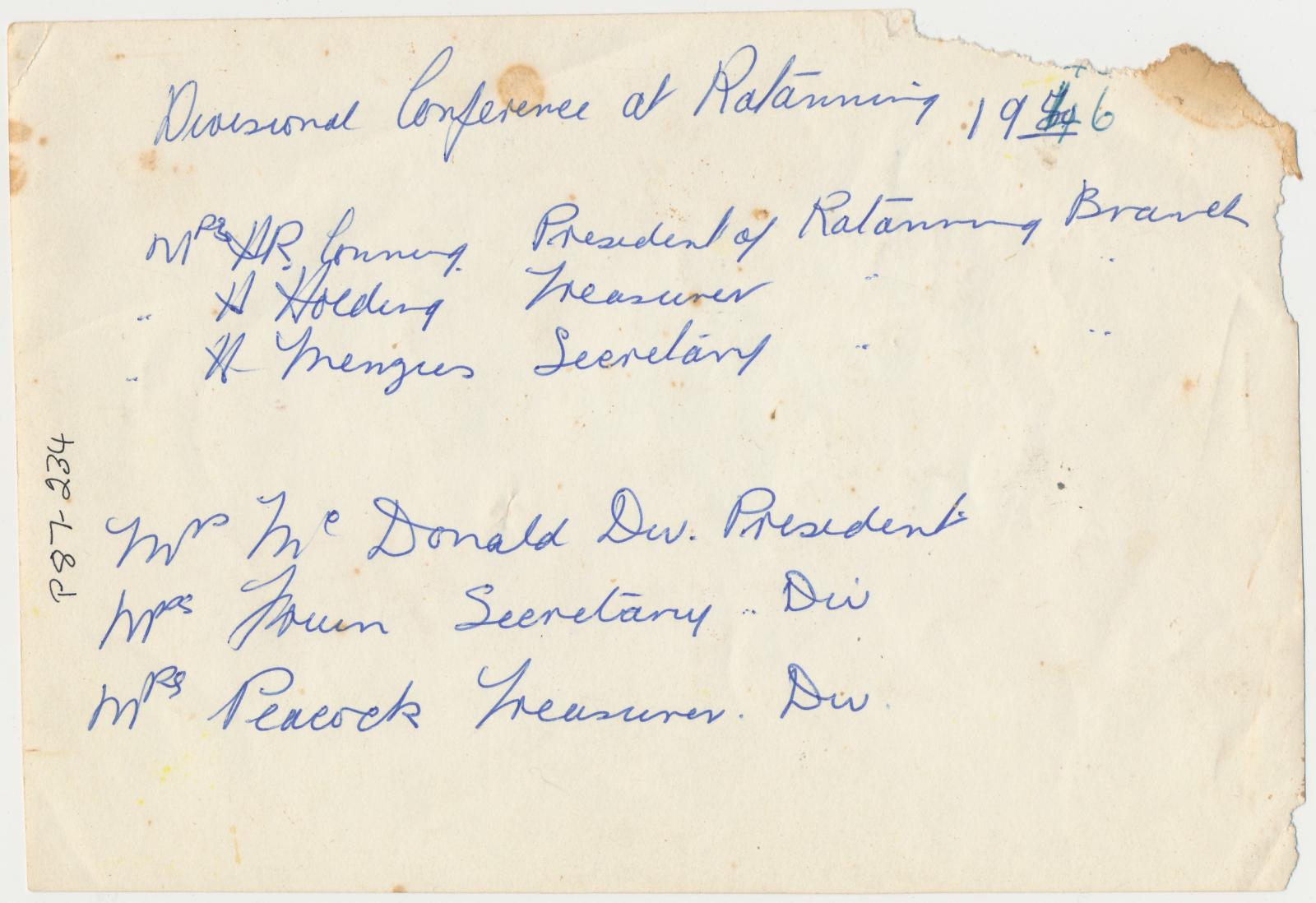 Back of photograph of C.W.A. Divisional Conference
