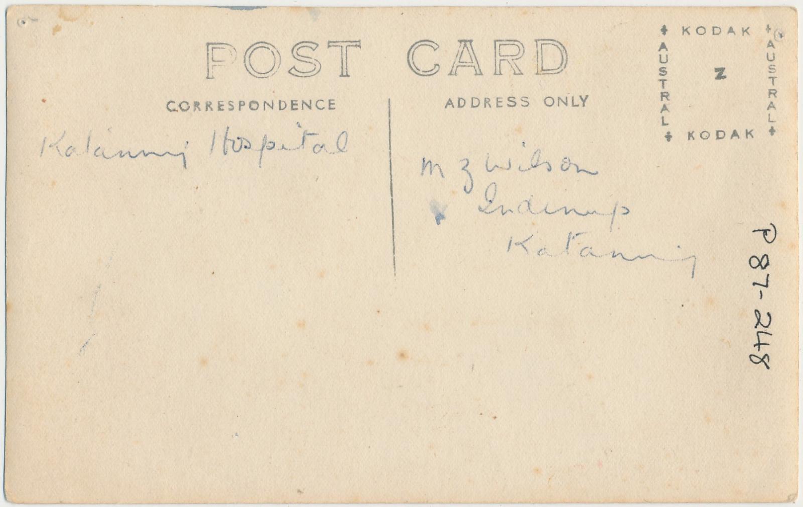Back of postcard of Opening of the Katanning Hospital