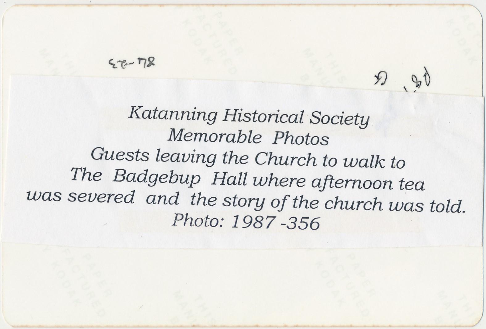 Back of photograph of Pioneer Day at St. Peter's Church, Badgebup