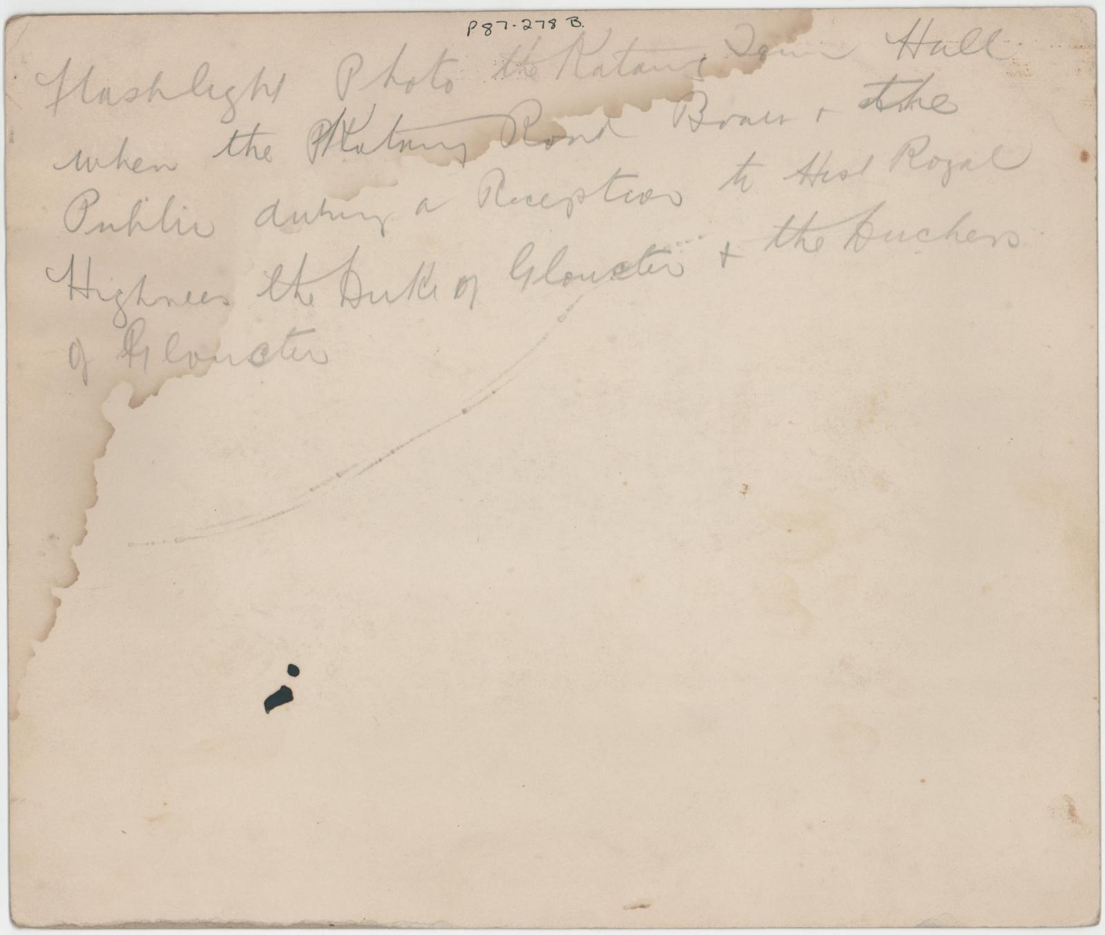 Back of photograph of Visit of Duke and Duchess of Gloucester