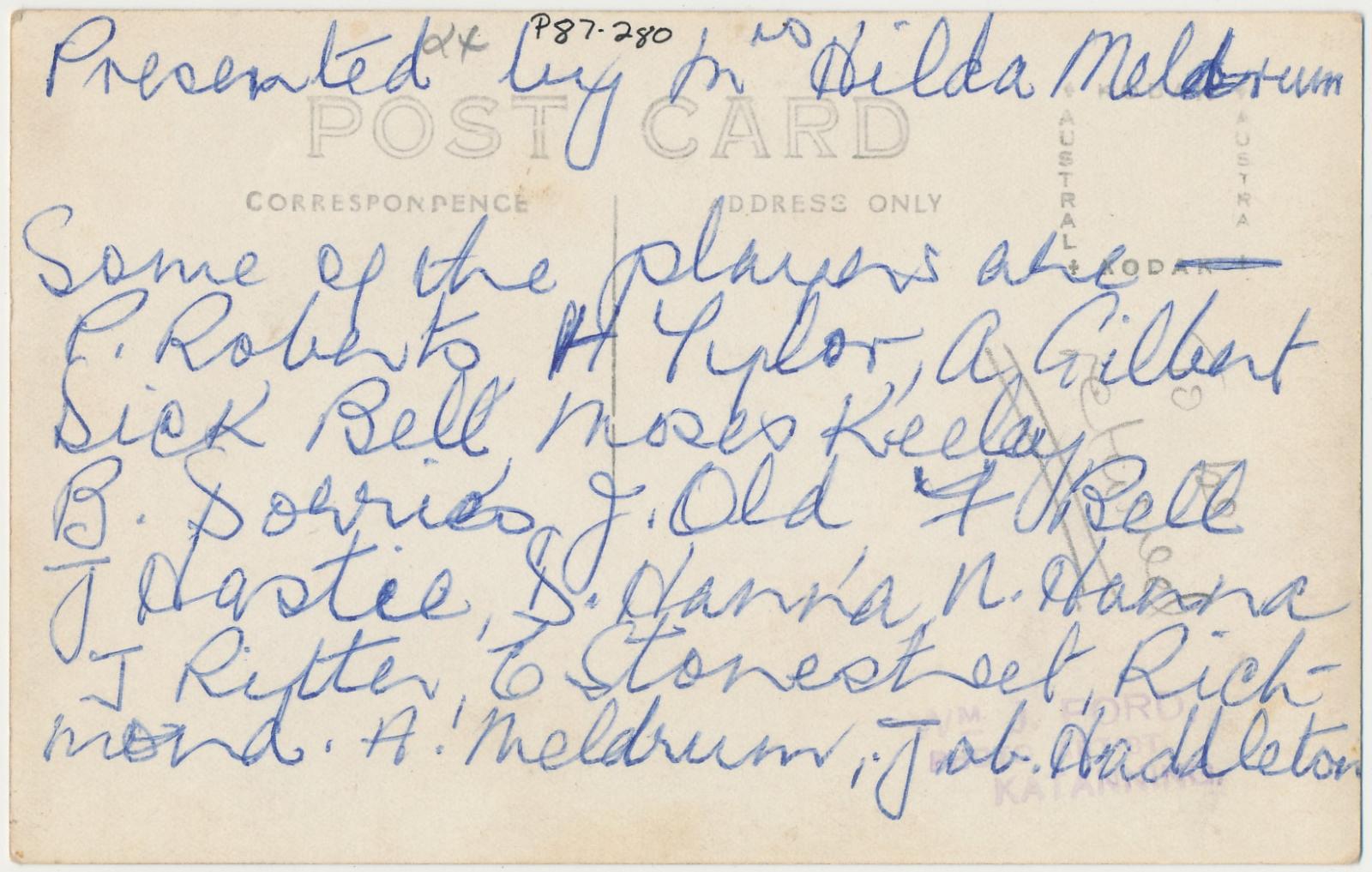 Back of postcard of Old Buffers Football Team