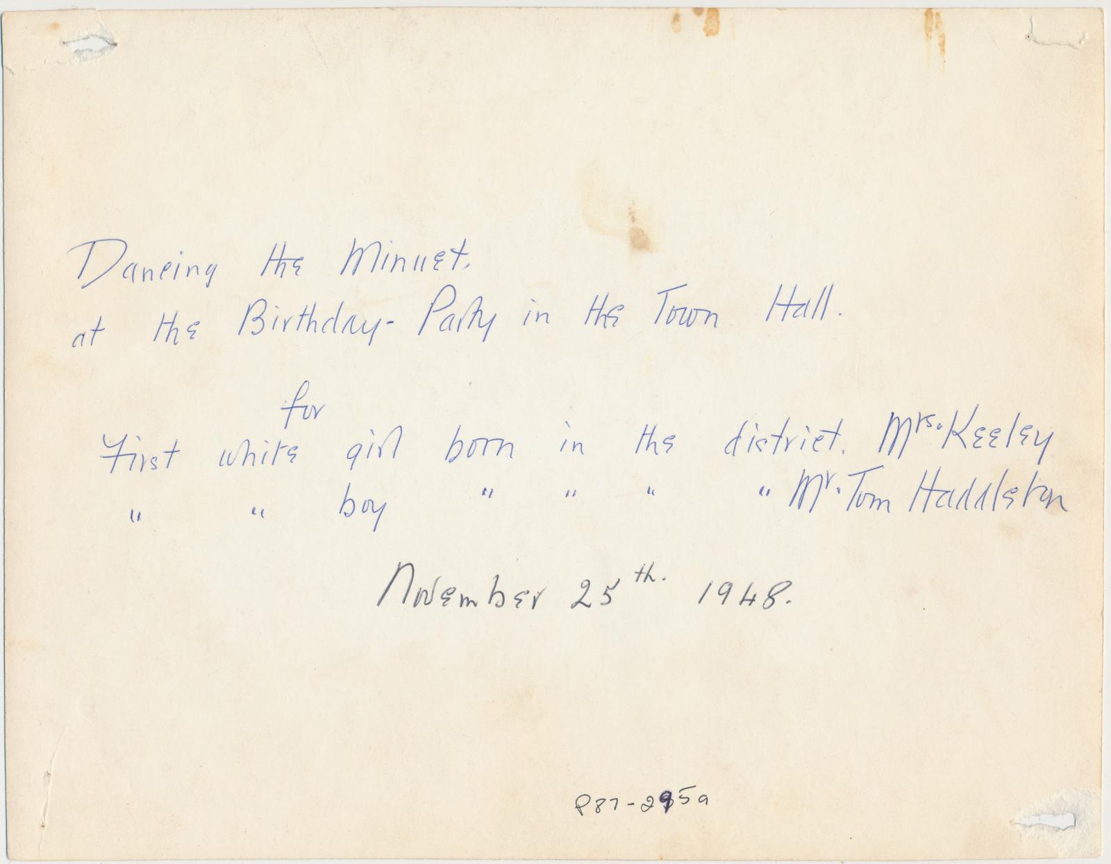 Back of photograph of Birthday Party for the First Girls and Boys Born in the District