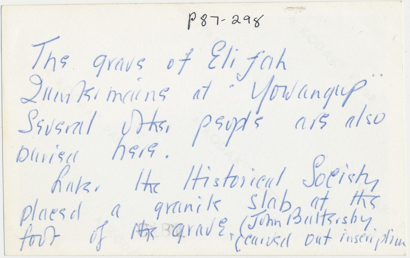 Back of photograph of Grave of Elijah Quartermaine at Yowanup