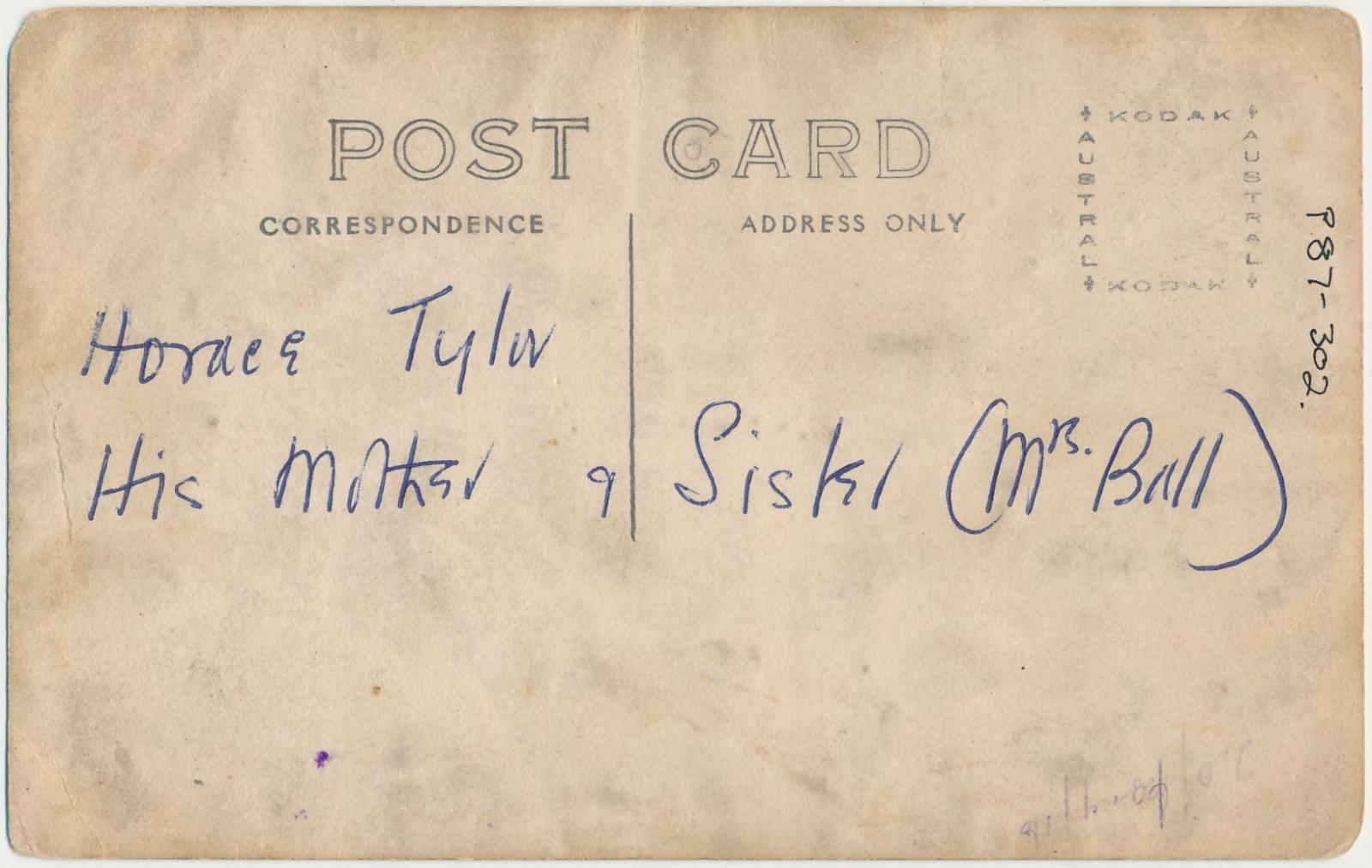 Back of postcard of Horace Tylor with Family