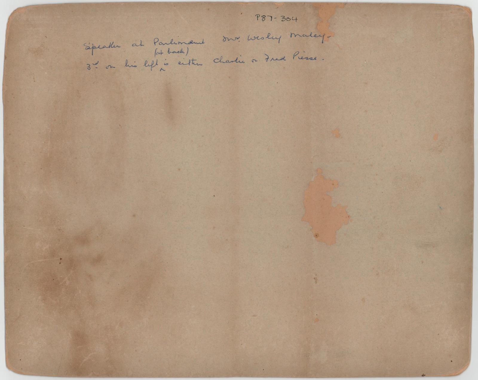 Back of photograph of Speaker at Parliament