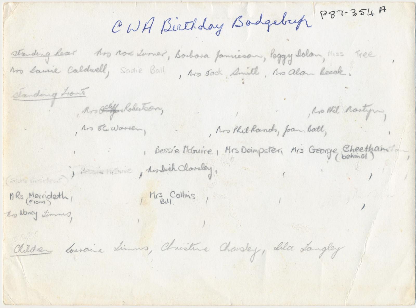 Back of photograph of CWA Badgebup Birthday