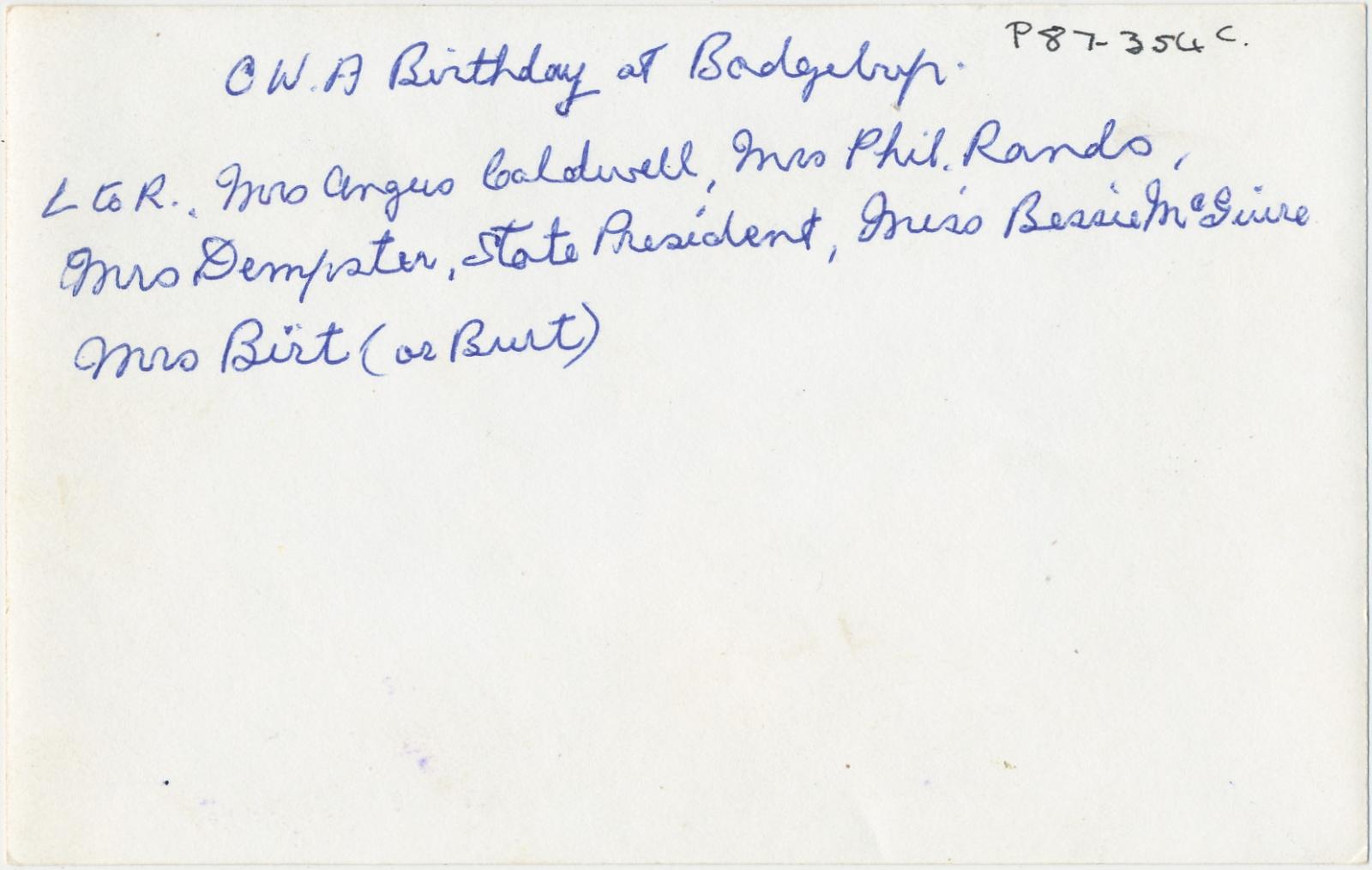 Back of photograph of CWA Badgebup Birthday