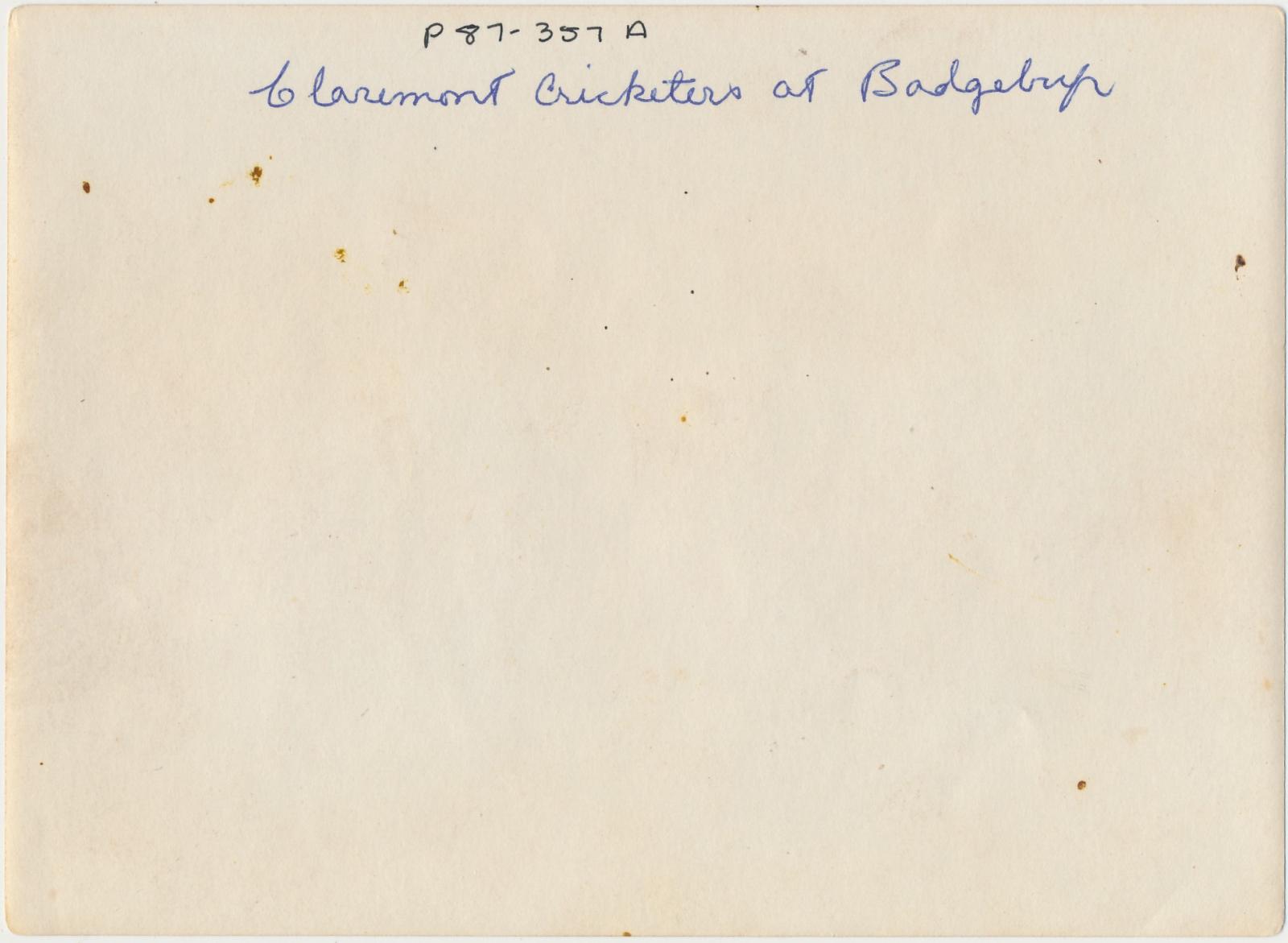 Back of photograph of Claremont Cricketers at Badgebup